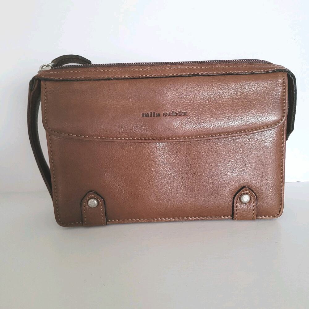 Mila Schon Bag Clutch Wristlet Zip Brown Geniue Leather Organizer‎ Pouch Unisex